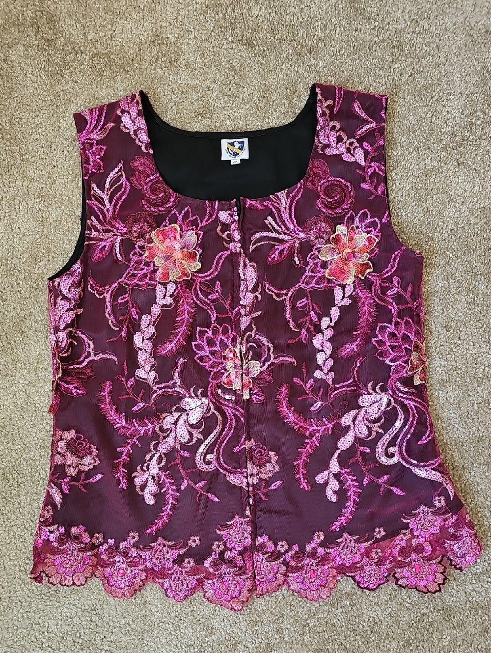 Embroidered Satin Shell Top - Burgundy Pink P1